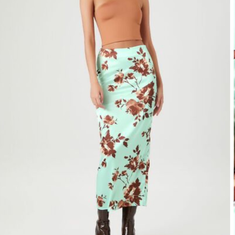 Women satin floral print maxi skirt